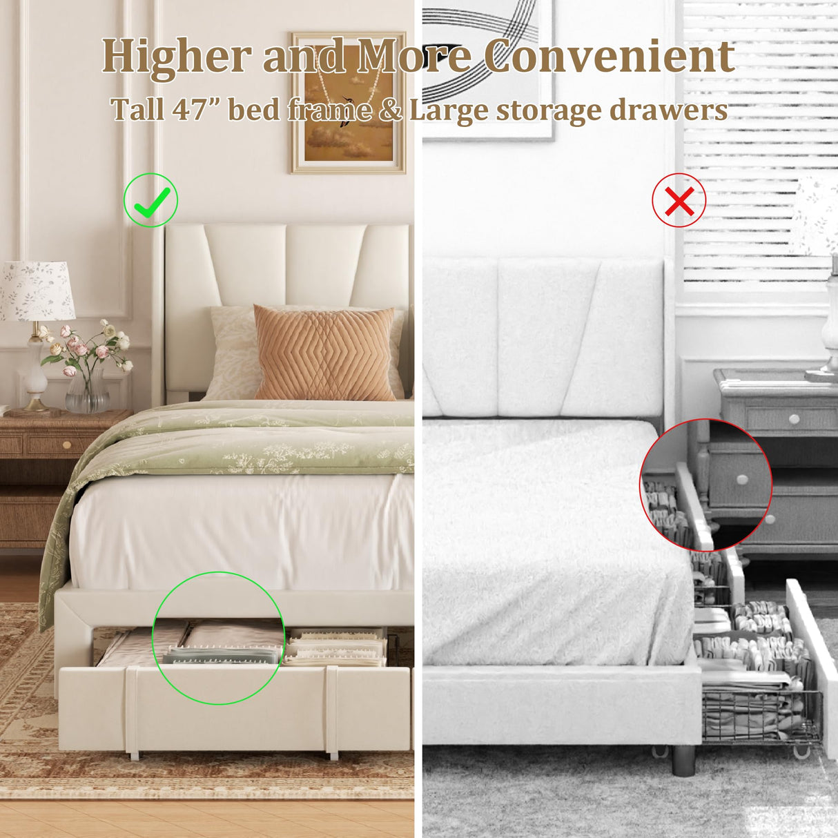 viplov King Bed Frame with Storage Drawers, Upholstered Platform Bed with Headboard and Wingboard, No Box Spring Needed, NO Noise, Easy Assembly, Wooden Support Slats, Beige viplov