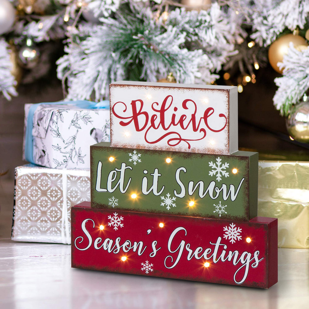 Glitzhome Wooden Block Sign, Christmas Table Decorative Signage, Believe Let It Snow Season's Greetings, 11.81 x 1.57 x 10.59 inches, MDF, Farmhouse Wood Block Decor Glitzhome