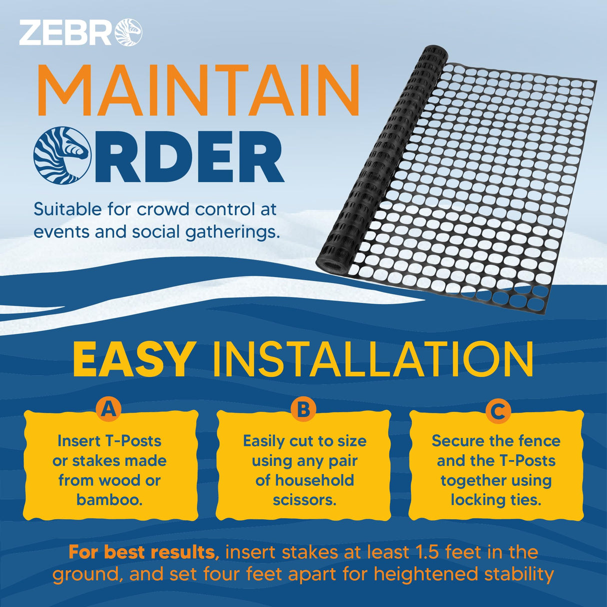 Zebro 4' x 100' Black Plastic Garden Fence Roll – Lightweight Temporary Mesh Fencing, Snow Fence, Poultry Netting – Outdoor Barrier for Yard, Landscaping, Deer & Animals – Compatible with Garden Uses ZEBRO