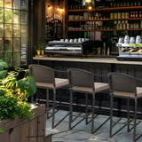 FHFO 3 Piece Outdoor Patio Heigh Bar Table and Chairs Set, Wicker Bar Height Bistro Table Set of 2, All-Weather Rattan Height Bar Stools w/Cushions & Metal Table Top for Porch, Garden, Balcony-Beige FHFO