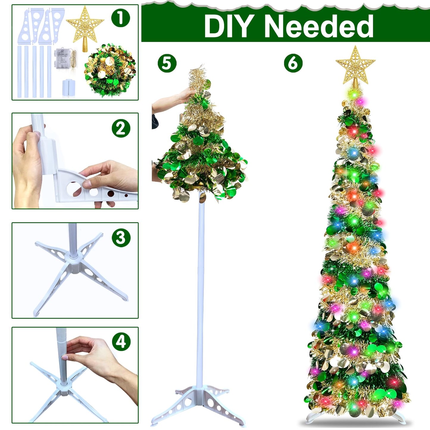 Dual Color Change & Timer - 5FT Pop Up Christmas Tree, Tinsel Christmas Tree 50 Warm White & Colored Lights 8 Mode 3D Star Sequins 1 Minute Collapsible Pencil Christmas Tree Home Indoor Party