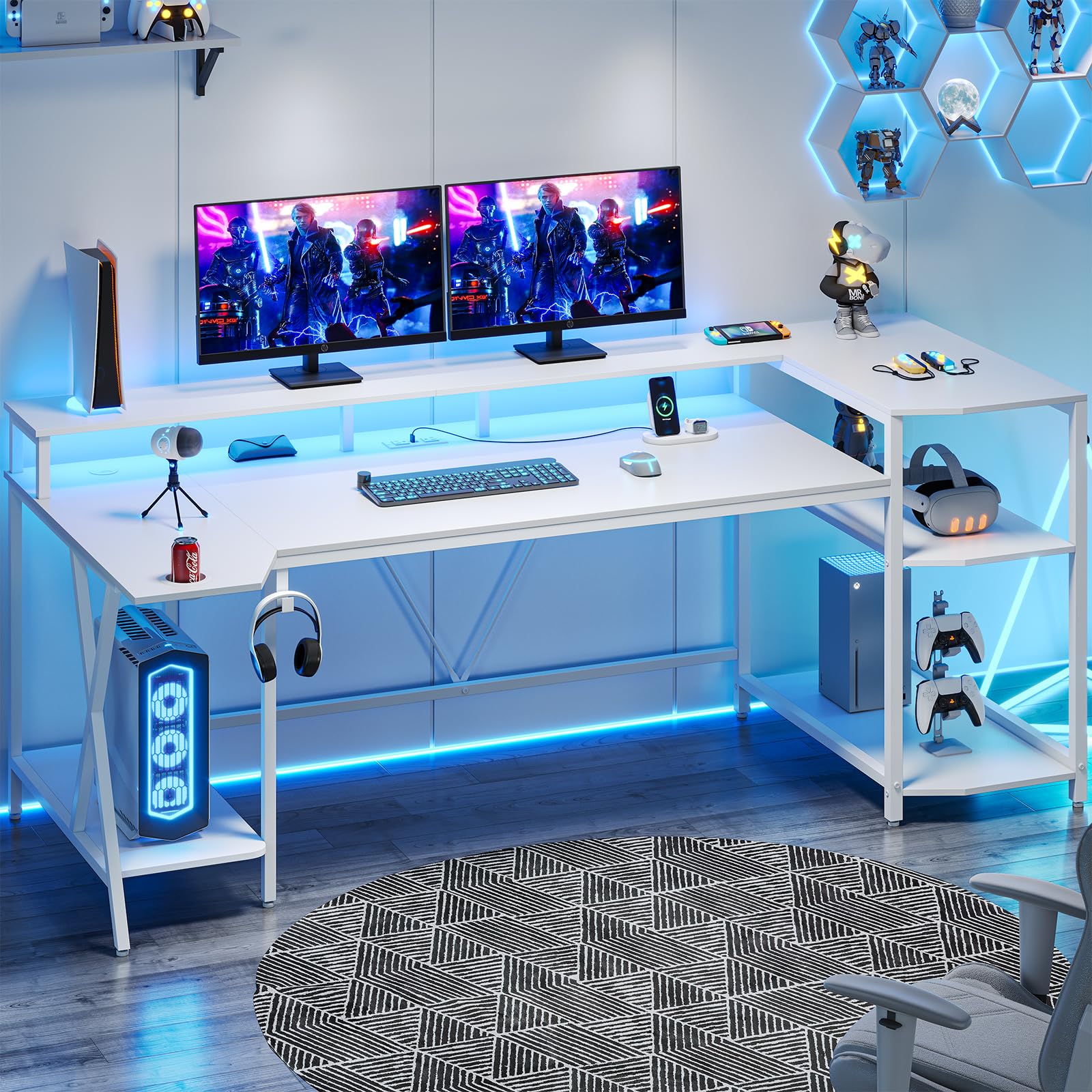 SEDETA White Gaming Desk 70.8'' with LED Lights and Storage Shelves, Computer Desk with Monitor Stand, Power Outlets and Cup Holder, Large PC Gamer Desk, Gaming Table for Bedroom, Living Room - WoodArtSupply