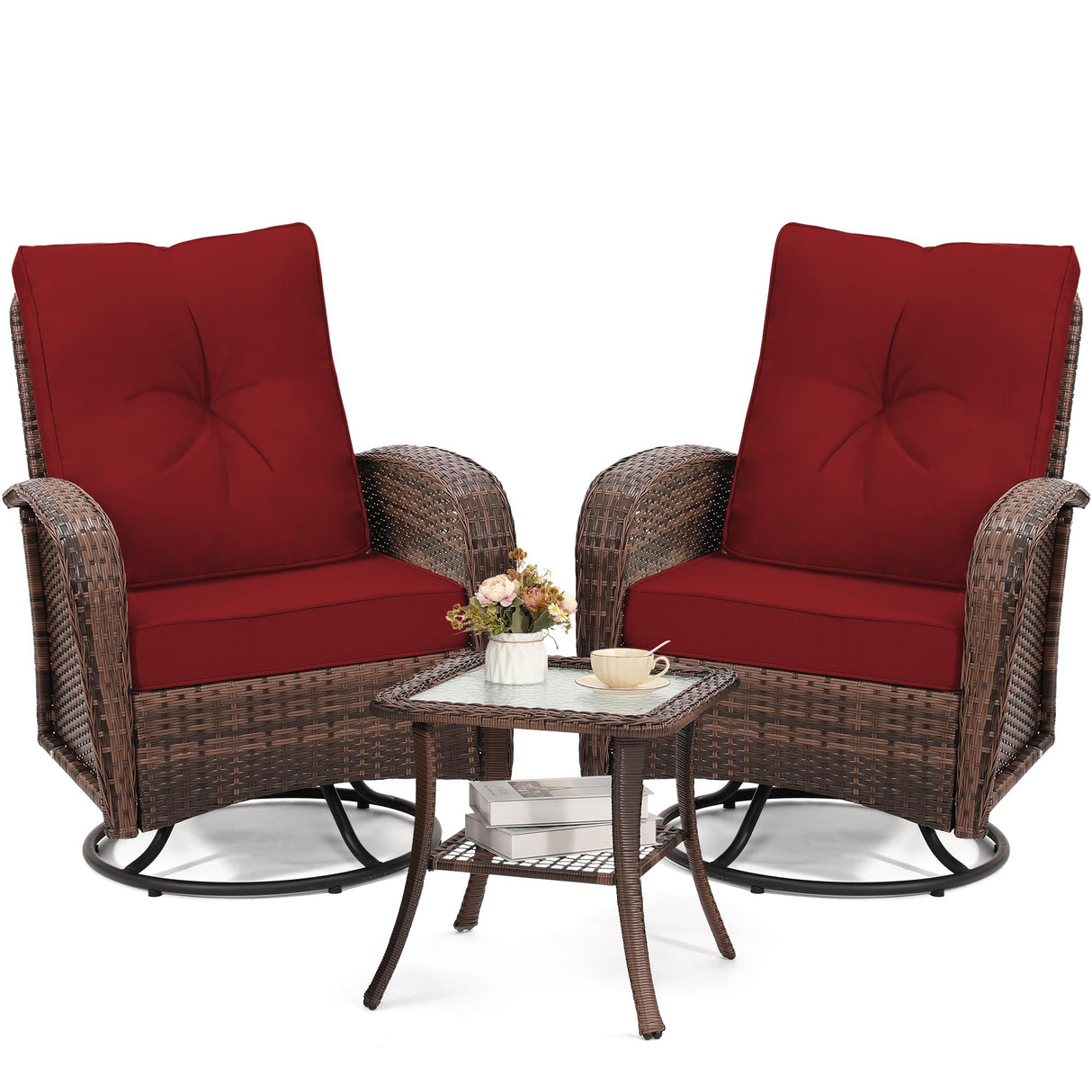 wildformers 2 Luxury Outdoor Swivel Wicker Glider Patio Chairs with Table Set, Overstuffed Washable Cushions, Ideal for Porch, Balcony, Deck, Brown Rattan and Red Cushions wildformers