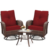 wildformers 2 Luxury Outdoor Swivel Wicker Glider Patio Chairs with Table Set, Overstuffed Washable Cushions, Ideal for Porch, Balcony, Deck, Brown Rattan and Red Cushions wildformers