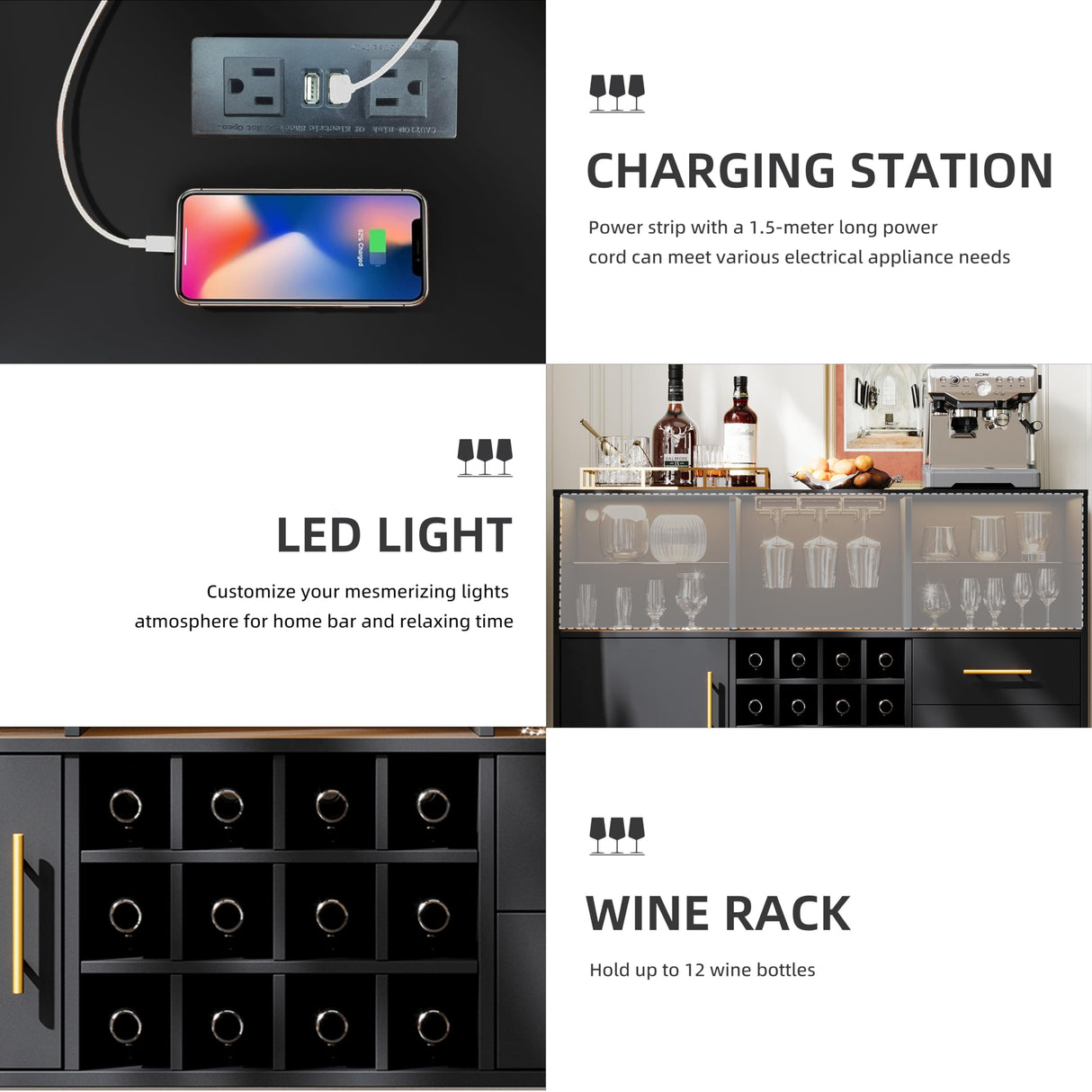 Bar Cabinet and Bar Table - LED Light Charging Station, Buffet Cabinet with Storage, Sideboard Cabinet, Coffee Bar - Ideal for Buffets & Sideboards, Wine and Liquor Cabinet 47 inch Black Svimi