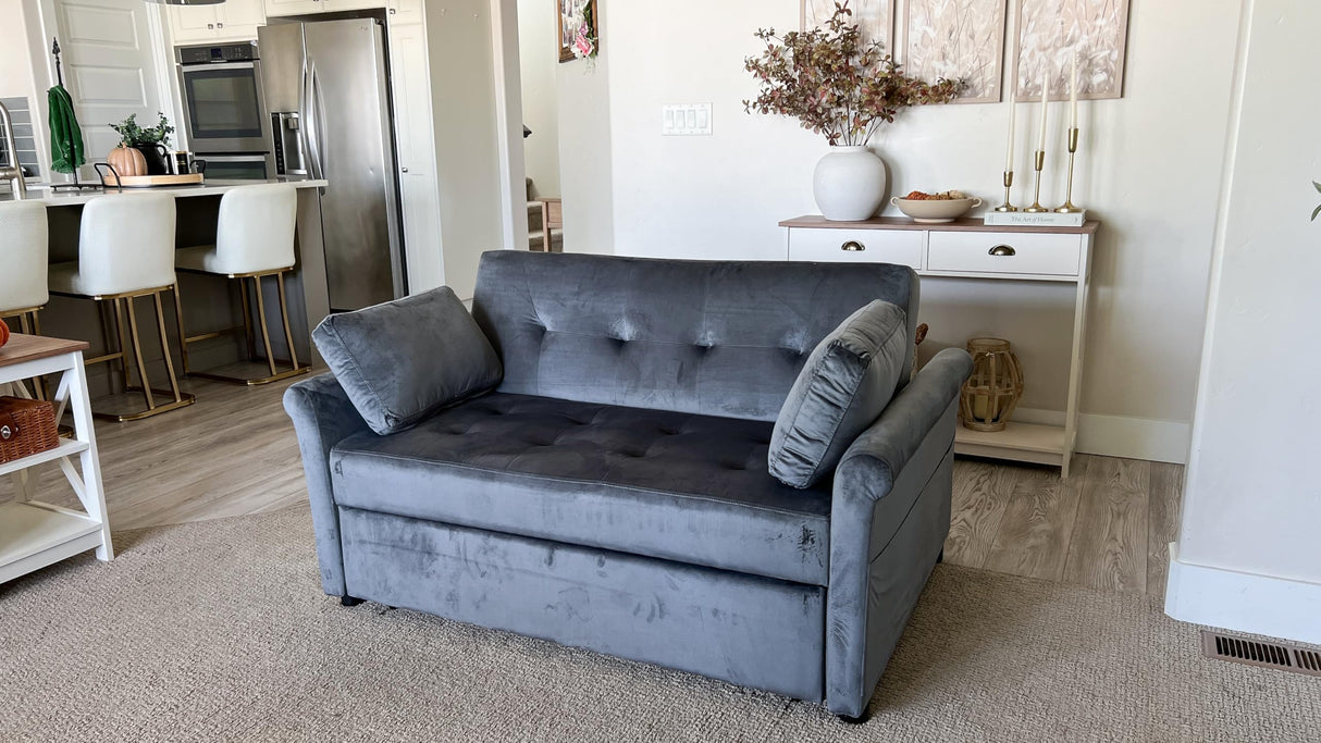 YITAHOME Sleeper Sofa Bed 3-in-1 Convertible Couch with Pullout Bed, Reclining Backrest, Storage Pockets, Modern Space Lounge Furniture for Living Room, Includes Toss Pillows, Blue Gray YITAHOME