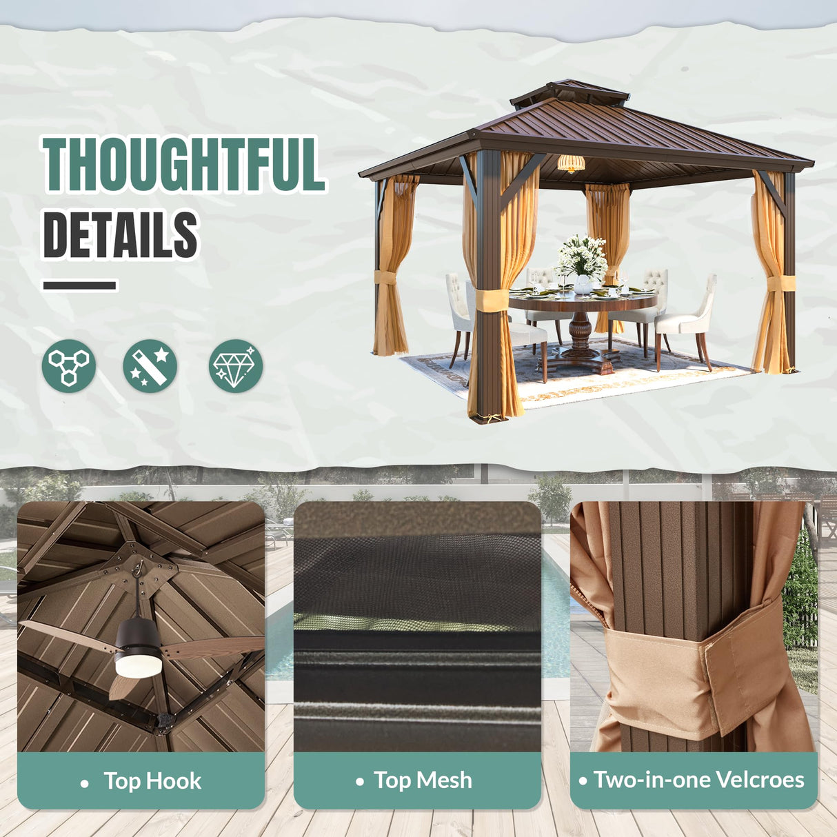 MELLCOM Hardtop Gazebo 10x10, Heavy Duty Galvanized Steel Double Roof with Stylish Vertical Stripes, Nettings and Curtains Included MELLCOM