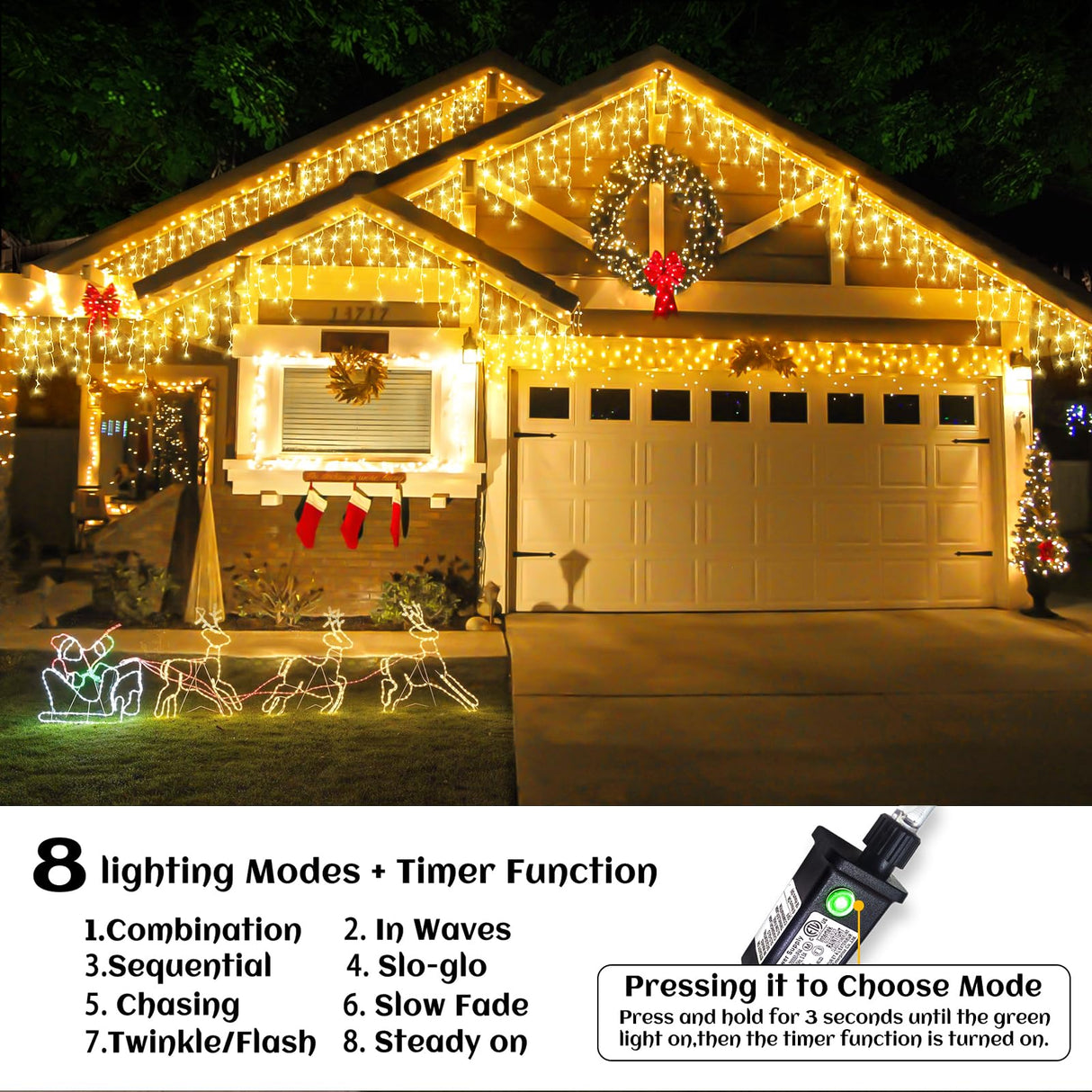 66ft Icicle Lights for Outside - 640 LED Christmas Lights Outdoor with 120 Drops 8 Modes, Plug in Twinkle Light Outside for Holiday Wedding Party Tree Room Indoor Thanksgiving Decoration, Warm White Nielfoi