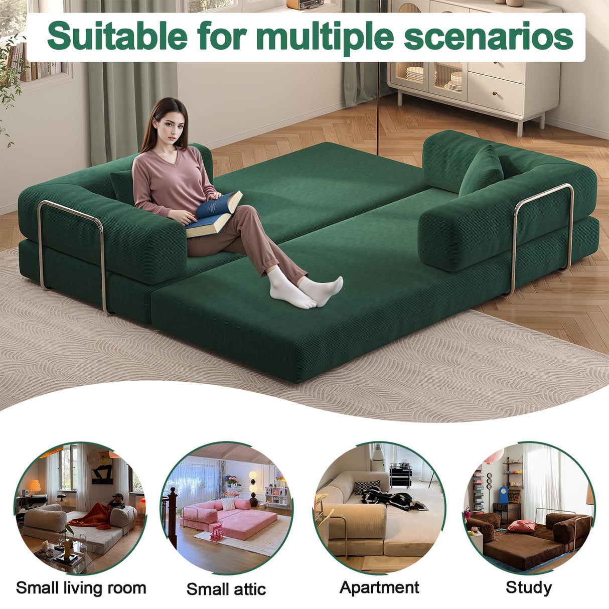 Carzzi-Life 79" Convertible Sofa Bed with Pillows, Corduroy Folding Sleeper Sofa with Fixed-Shape Frame, Boneless Couch for Living Room Bedroom, Floor Sofa Lounge No Assembly Required (Green) Carzzi-Life