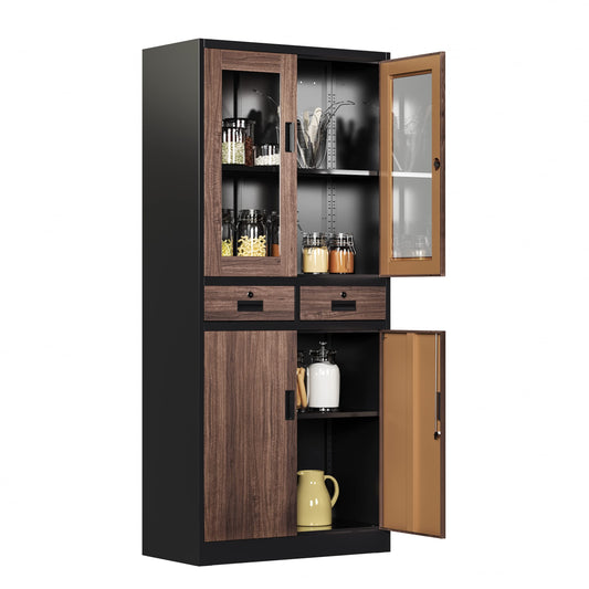 AFAIF Glass Display Cabinet with Drawers, Lockable Metal Storage Cabinets with 2 Adjustable Shelves, 71'' Tall Locking Cabinets Modern Liquor Cabinet Freestanding Kitchen Pantry Storage Cabinet