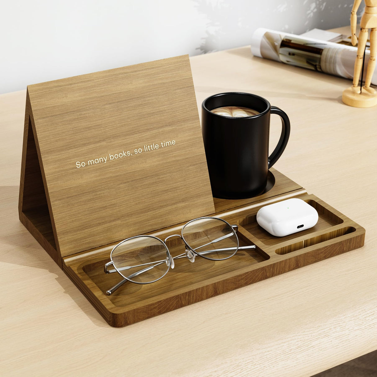 NiHome Bamboo Wooden Book Stand Holder with Triangle Design for Spine-Friendly Book Resting, Natural Finish Multipurpose Organizer with Detachable Magnetic Base for Glasses, Pens, Smartphone (Brown) NiHome