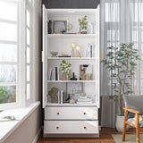 WOODTIME 70" H Display Storage Cabinet with Tempered Glass Doors & 4-Tier Shelf, Wooden Curio Cabinet Bookcase Bookshelf with 2 Drawers for Home Office Living Room Store, White WOODTIME