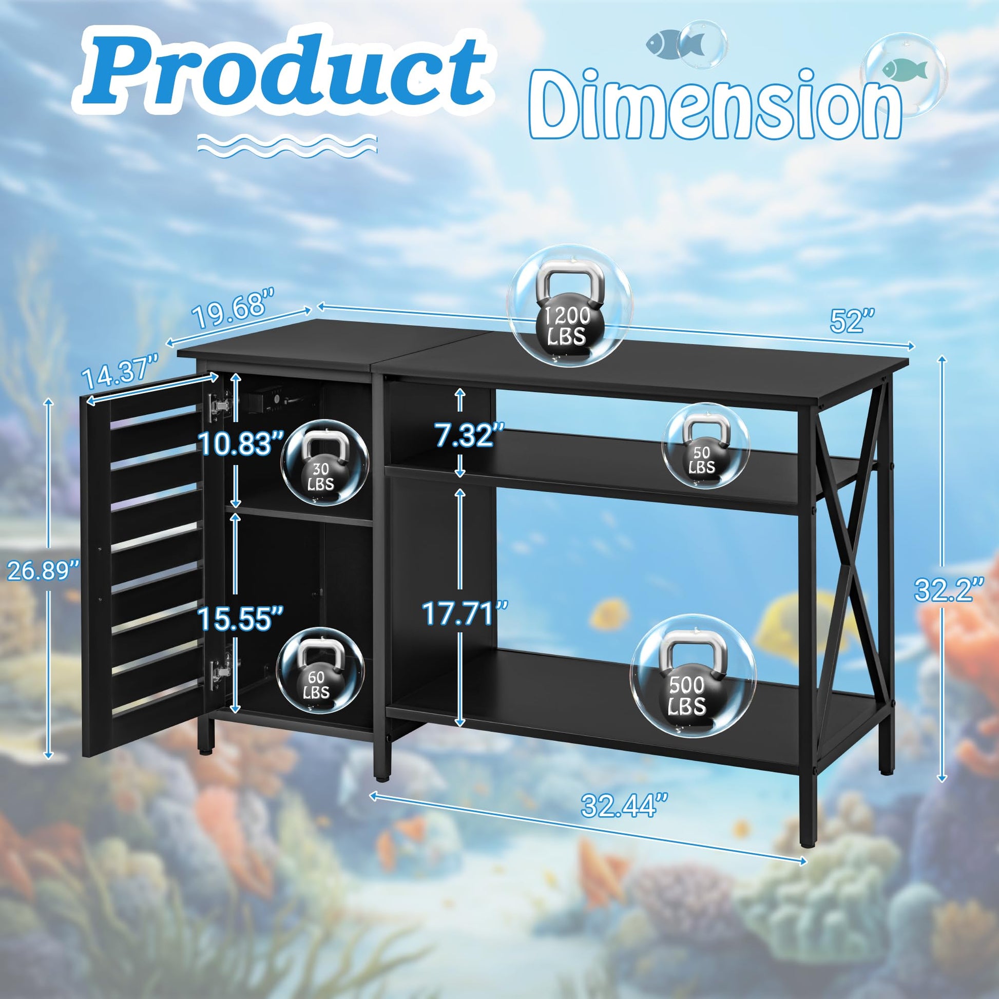 GUNJI 55-75 Gallon Aquarium Stand, Fish Tank Stand with Cabinets and Shelves, Aquarium Tank with Power Outlets, Heavy Duty Metal Turtle Tank 52 inch x 19.68 inch Desktop for 1200LBS Capacity  - WoodArtSupply