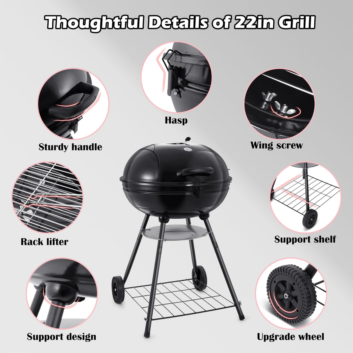 HaSteeL 22 Inch Charcoal Grill, 2 Layer Grilling Racks Heavy Duty Kettle Outdoor BBQ Grill, Large 355 Square Inches for Camping Backyard Picnic Patio Barbecue Cooking, Round Black Enamel Lid & Bowl HaSteeL