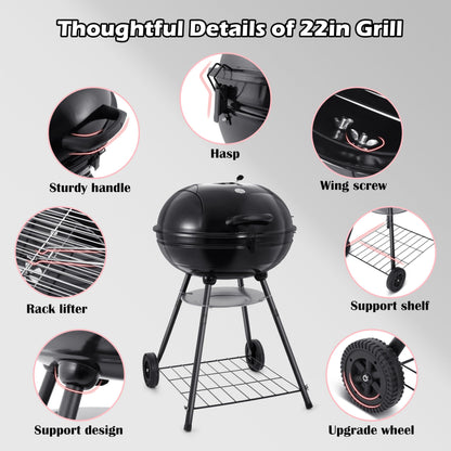 HaSteeL 22 Inch Charcoal Grill, 2 Layer Grilling Racks Heavy Duty Kettle Outdoor BBQ Grill, Large 355 Square Inches for Camping Backyard Picnic Patio Barbecue Cooking, Round Black Enamel Lid & Bowl