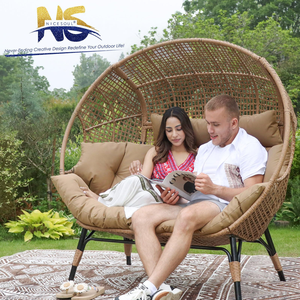 NICESOUL® Double Egg Chair Indoor Outdoor Stationary Oversized Thicken Padded Cushions,2 Person Egg Loveseat Chair, 680 lbs Extra Large Lounge Chair for Patio Balcony Porch Brown NICESOUL