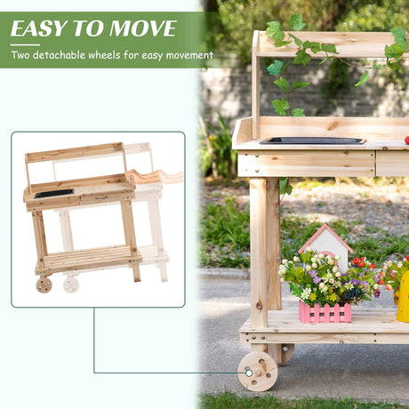 Outsunny 36'' Wooden Potting Bench Work Table with 2 Removable Wheels, Sink, Drawer & Large Storage Spaces, Natural Outsunny