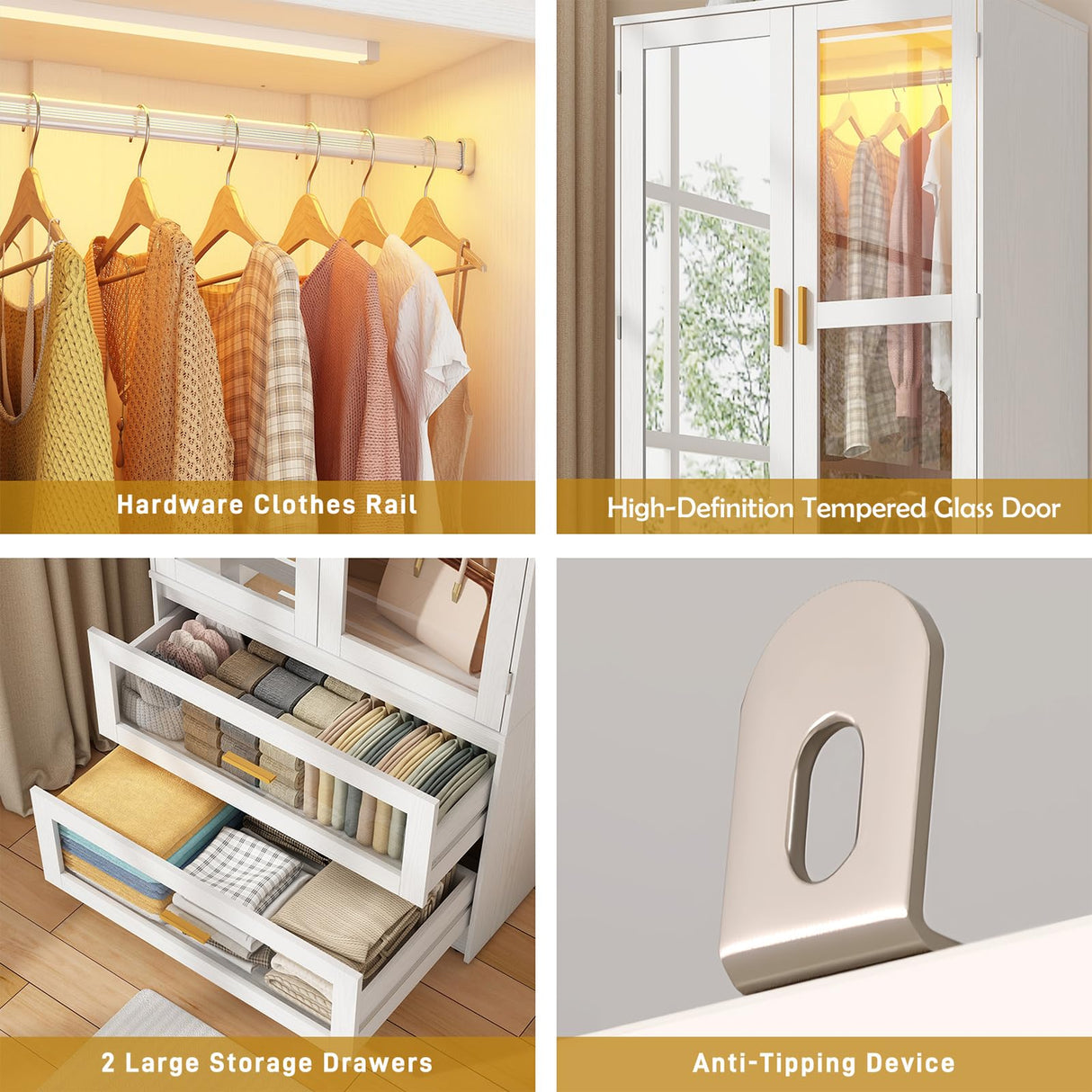 2 Doors Armoire Wardrobe Closet with LED and Mirror,71" H Freestanding Wooden Wardrobe Closet Cabinet for Bedroom w 2 Drawers,Wooden Clothing Storage Cabinet w Hanging Rod,Closets for Bedroom(White) chartustriable