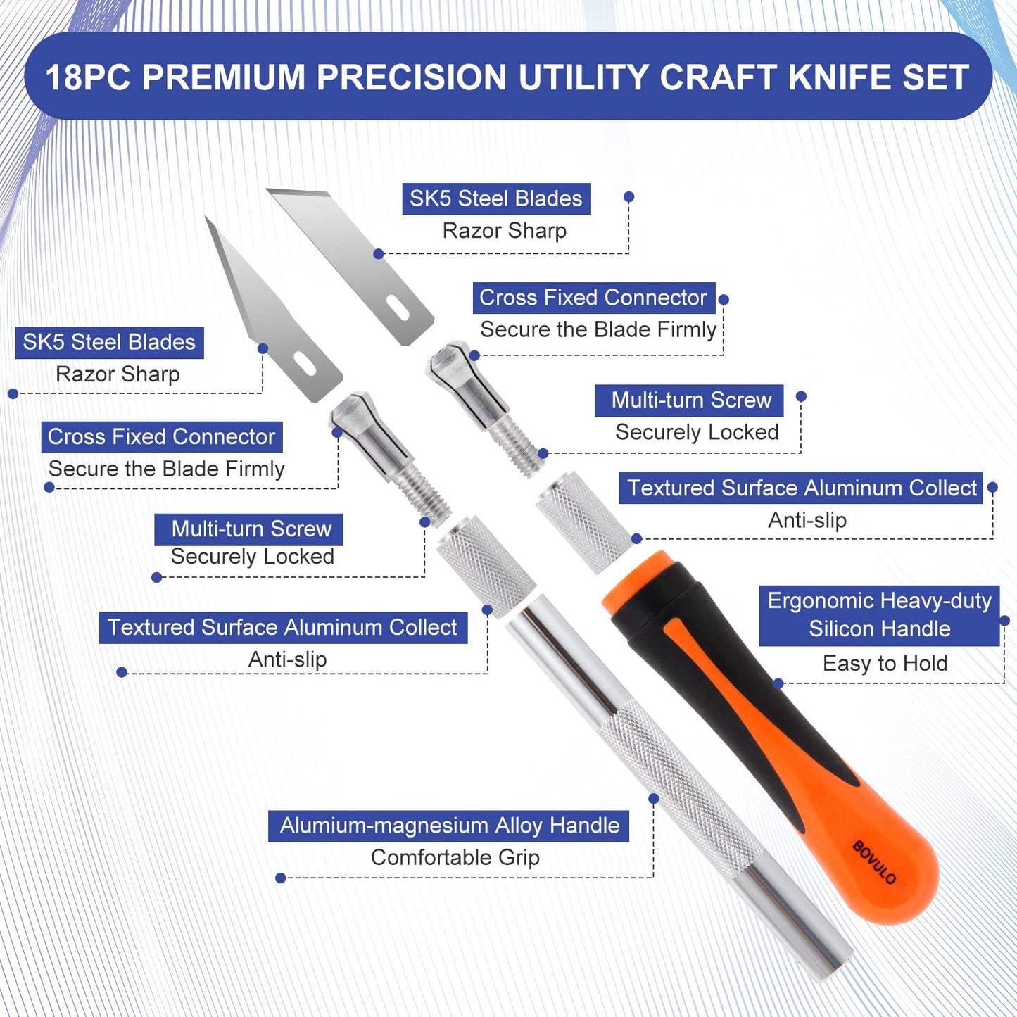 18pc Precision Utility Craft Knife Set - Premium Hobby Knife Cutting Tool with Sharp Blades for Architectural Models, Carving Pumpkins/Stencils, Paper/Leather/vinyl Crafts, Miniatures by Bovu - WoodArtSupply