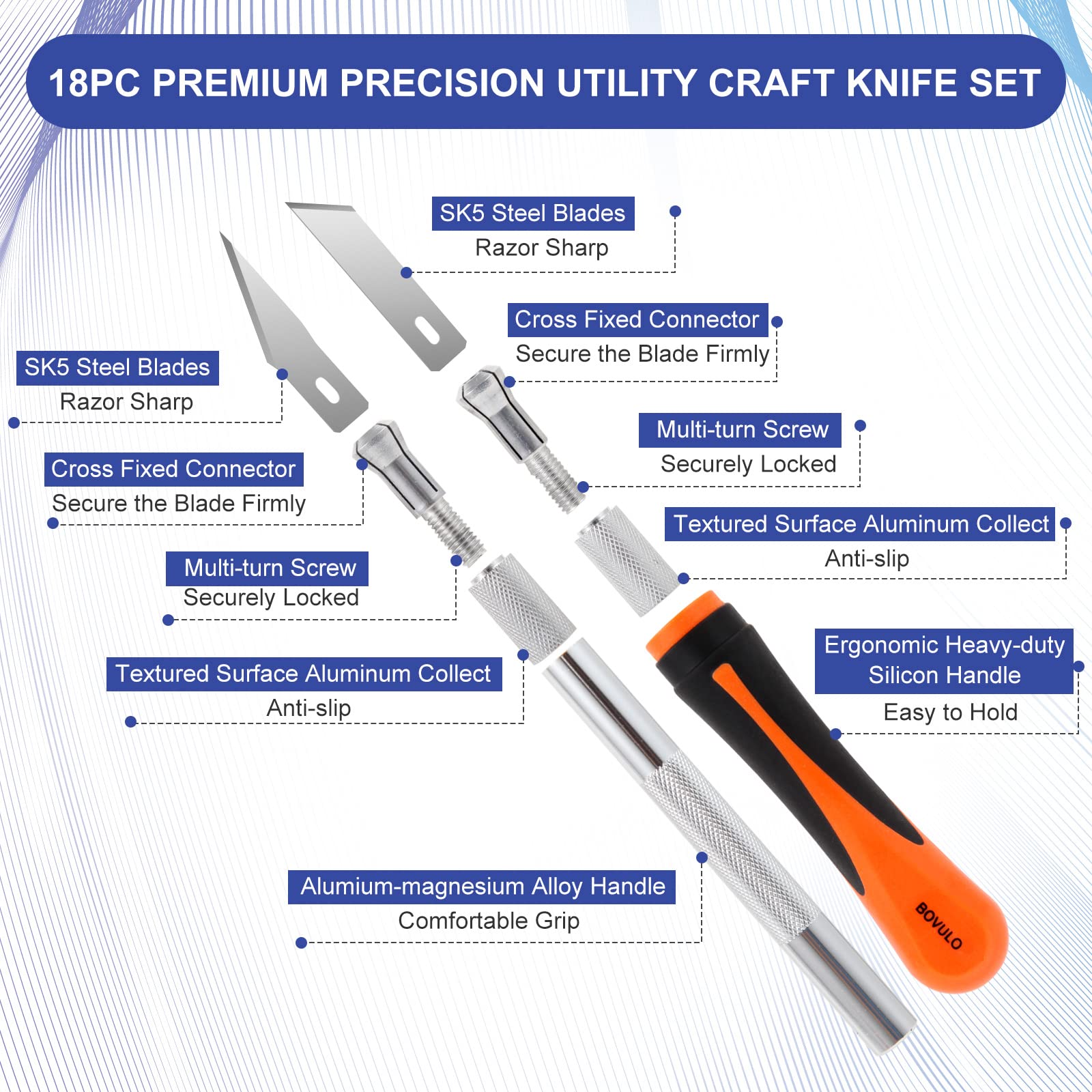 18pc Precision Utility Craft Knife Set - Premium Hobby Knife Cutting Tool with Sharp Blades for Architectural Models, Carving Pumpkins/Stencils, Paper/Leather/vinyl Crafts, Miniatures by Bovu - WoodArtSupply