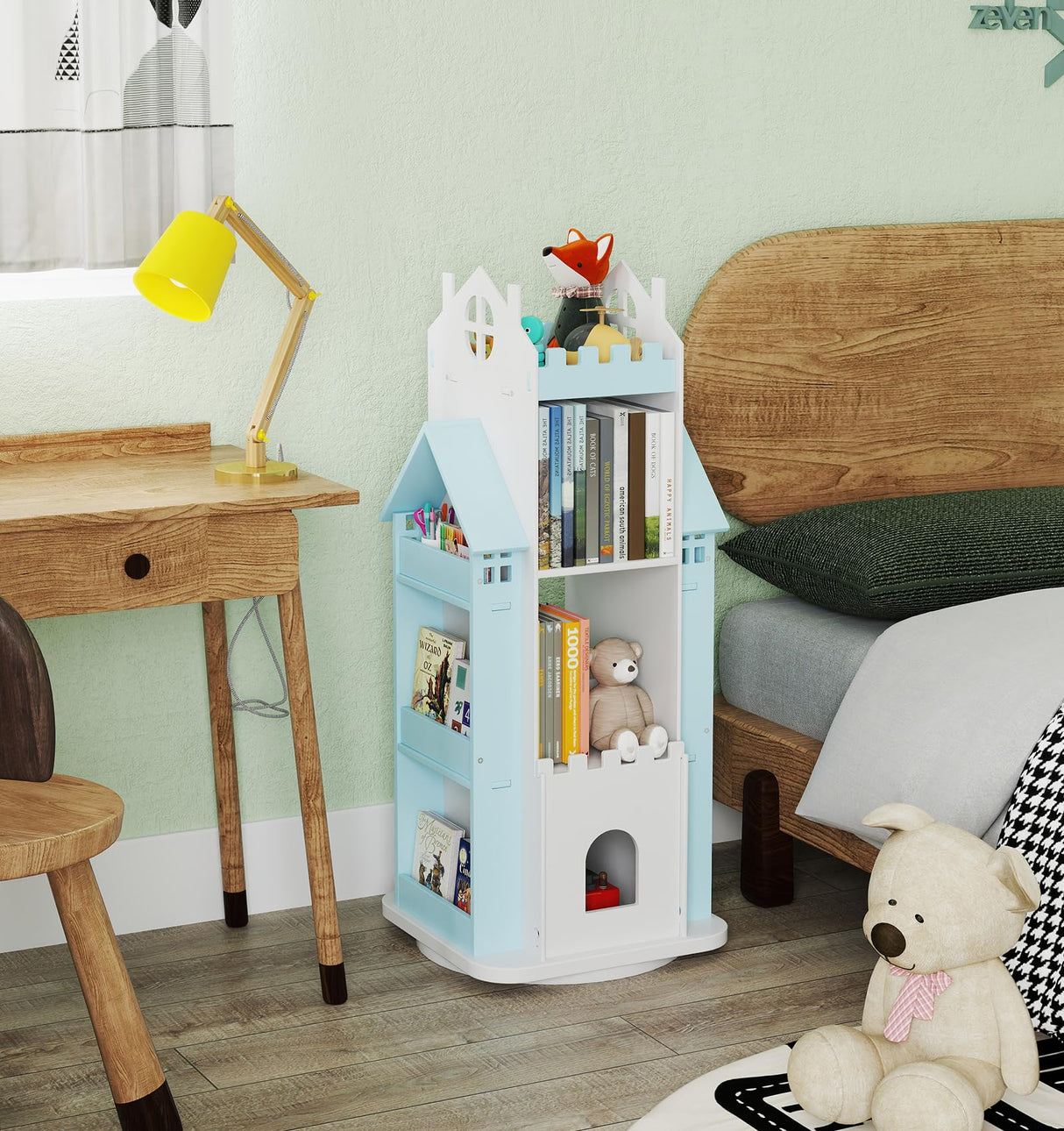 Suuiwau 360° Rotating Bookshelf Kids,Blue Revolving Bookcase 3-Tier Spinning Dollhouse Bookshelf Floor Standing Book Storage Organizer for Children's Room Suuiwau