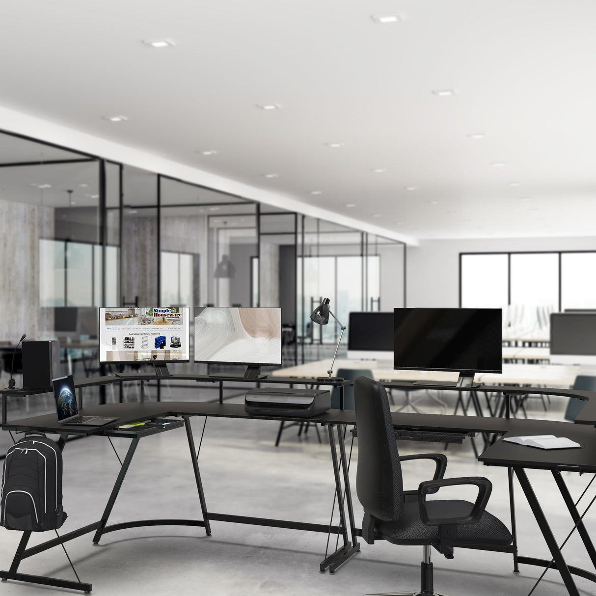 SHW L Shaped Gaming Desk with Full Around Monitor Stand and Drawer, Black SHW