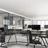 SHW L Shaped Gaming Desk with Full Around Monitor Stand and Drawer, Black SHW