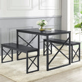VECELO Kitchen Table with 2 Benches for 4, Wood Dining Room Dinette Sets with Metal Frame for Breakfast Nook and Small Space, Black VECELO