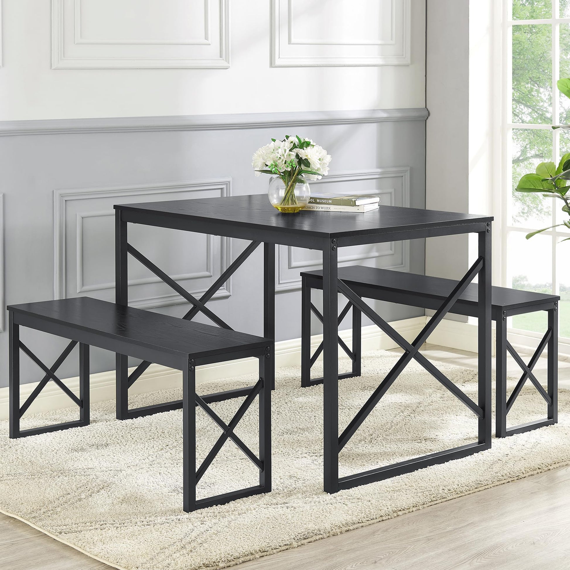 VECELO Kitchen Table with 2 Benches for 4, Wood Dining Room Dinette Sets with Metal Frame for Breakfast Nook and Small Space, 43.3", Black - WoodArtSupply