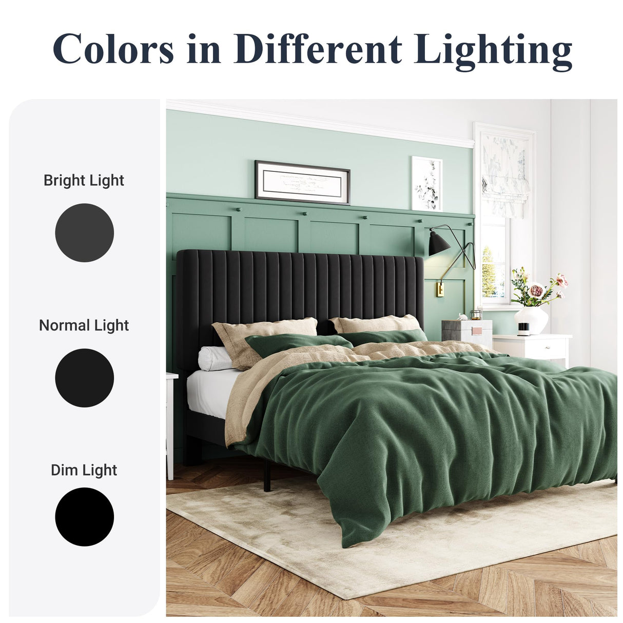 Allewie King Platform Bed Frame, Velvet Upholstered with Adjustable Vertical Channel Tufted Headboard, Mattress Foundation with Strong Wooden Slats, Box Spring Optional, Easy Assembly, Black Allewie