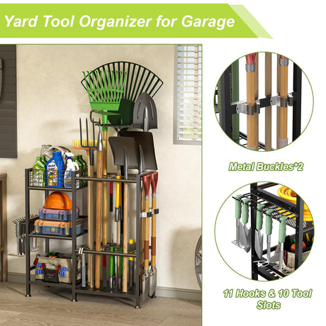 keomaisyto Garden Tool Organizer With Basket - 3 Tier Yard Storage Rack for Garage Organization, Heavy Duty Holder With 35 Long-Handled Slots for Shed, Yard, Garage keomaisyto
