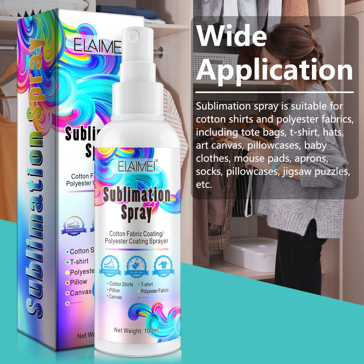 100ml Sublimation Spray, Sublimation Coating Spray for All Fabric, Including 100% Cotton, Polyester, Carton, Tote Bag, Pillows, Mugs, Canvas, Quick Dry & Super Adhesion, High Gloss Vibrant Color XWXUANYE