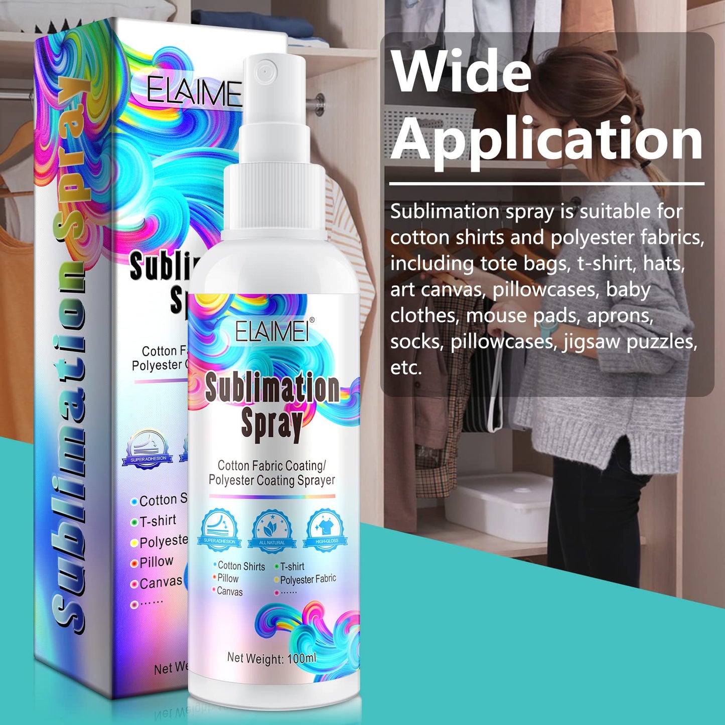 100ml Sublimation Spray, Sublimation Coating Spray for All Fabric, Including 100% Cotton, Polyester, Carton, Tote Bag, Pillows, Mugs, Canvas, Quick Dry & Super Adhesion, High Gloss Vibrant Color