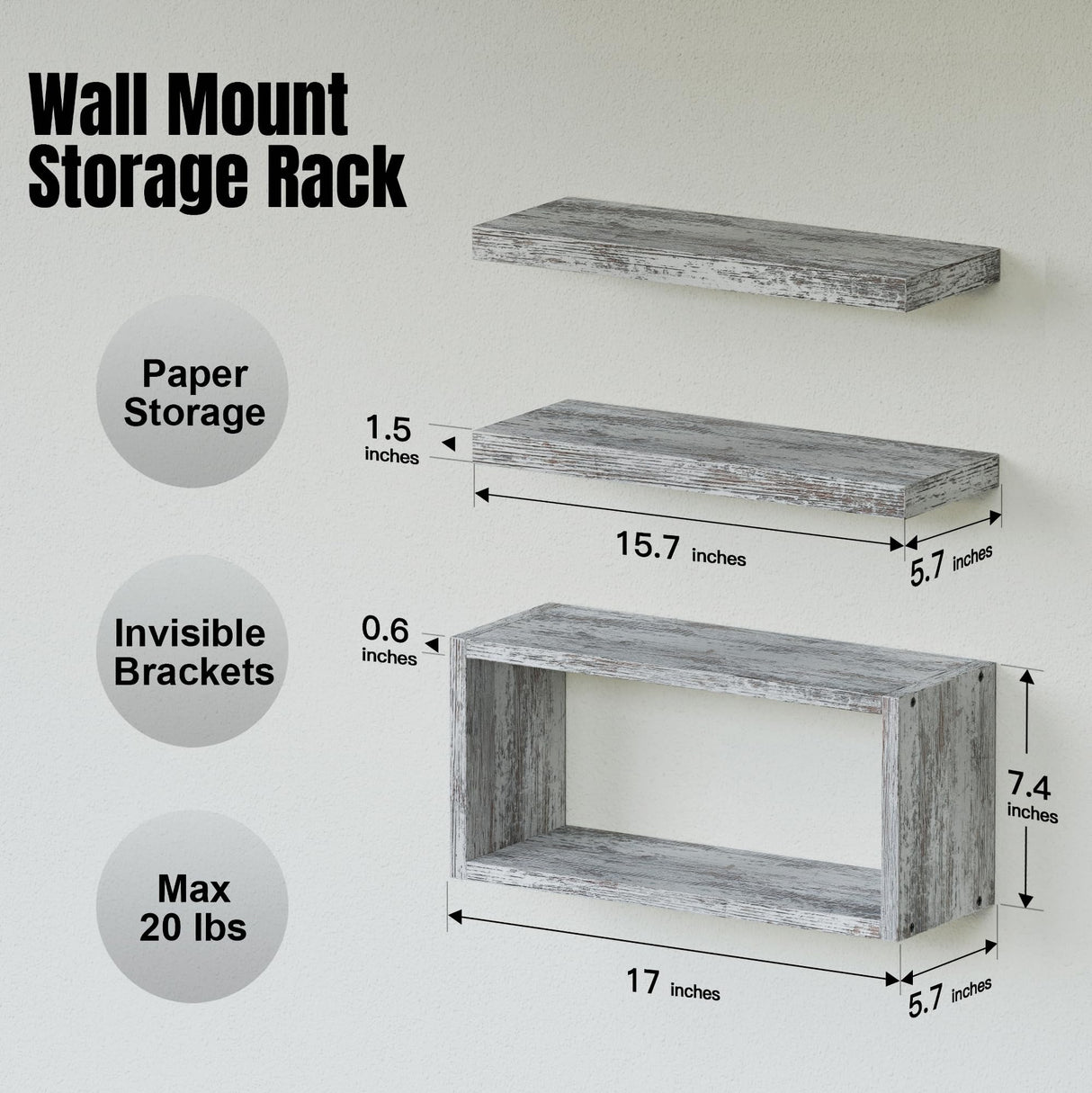 RICHER HOUSE Floating Shelves Set of 3, Farmhouse Bathroom Shelves Wall Mounted Shelves with Invisible Brackets Over Toilet, Wall Shelves for Bathroom Bedroom, Living Room, Kitchen - Rustic White RICHER HOUSE