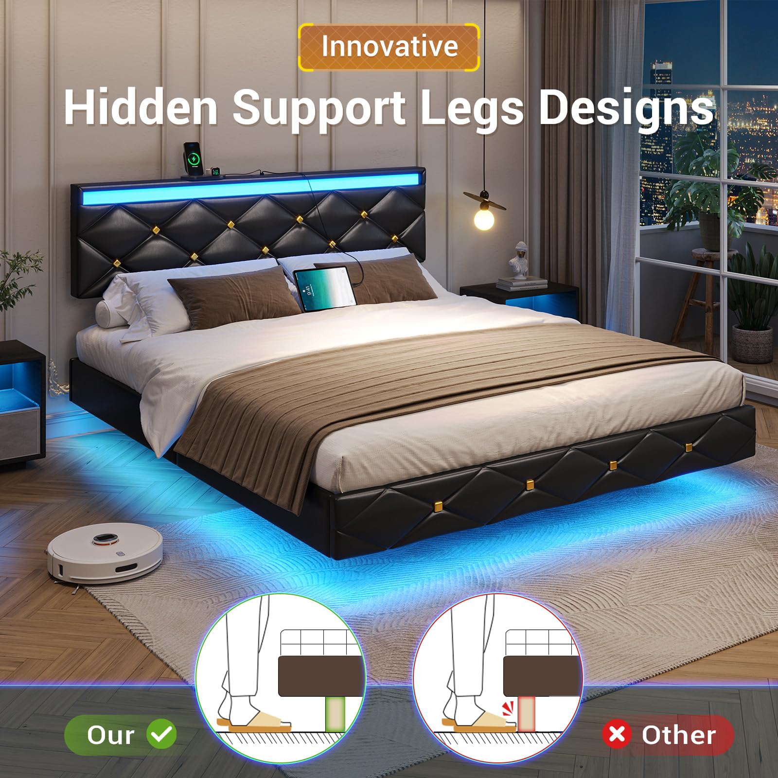 Hasuit Modern Queen Floating Bed Frame with LED Lights & Built-in Charging Station - WoodArtSupply