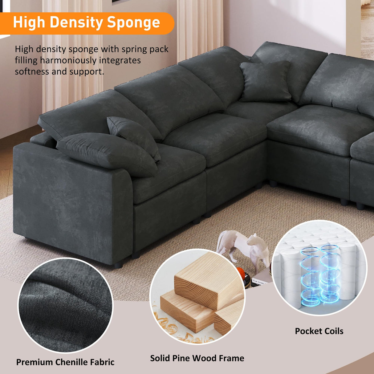 129" Oversized Modular Sectional Sofa L Shaped Modern Couch with Ottoman, Deep Seat and Wide Chaise for Living Room Merax