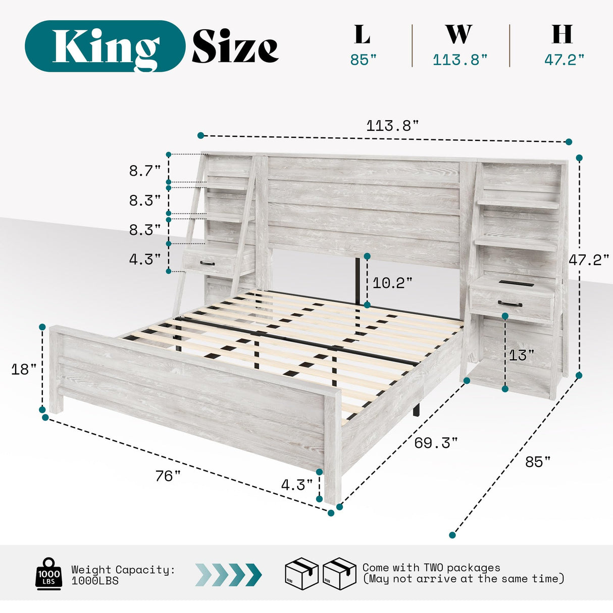AMERLIFE King Bed Frame with Wide Headboard and 4-Tier Bookshelves, Farmhouse Platform Bed with Charging Station & 2 Drawers, Noise-Free, No Box Spring Needed, Rustic White AMERLIFE