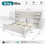 AMERLIFE King Bed Frame with Wide Headboard and 4-Tier Bookshelves, Farmhouse Platform Bed with Charging Station & 2 Drawers, Noise-Free, No Box Spring Needed, Rustic White AMERLIFE
