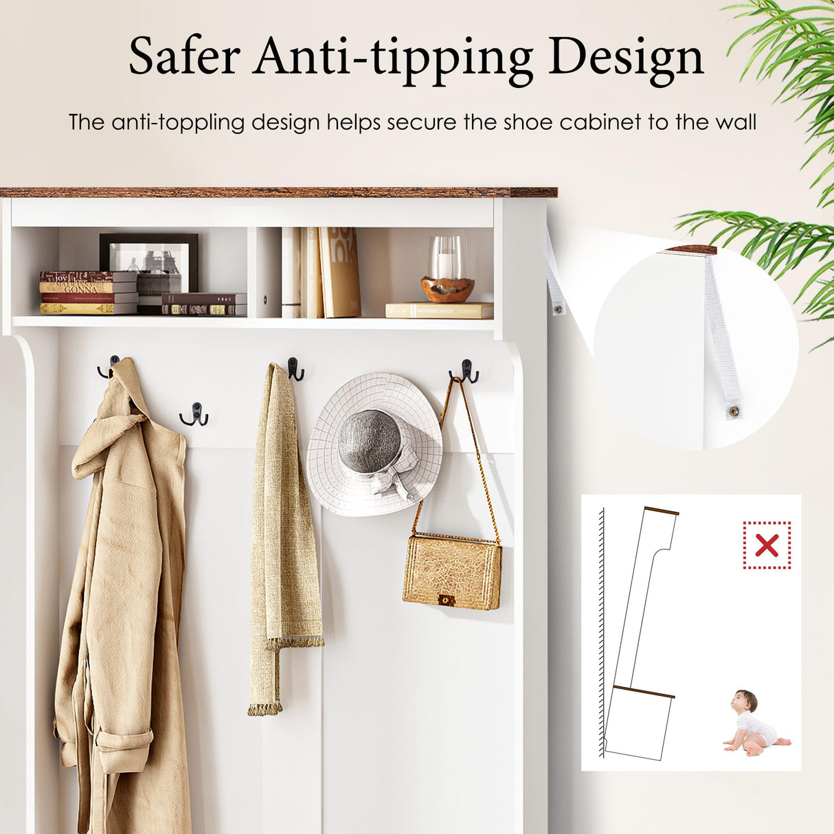 SogesHome Hall Tree with Bench, Coat Rack Close Storage with Shoe Bench, Farmhouse Tree Hall with 2 Storage Cabinet, 5 Hooks, Narrow Tall Cabinet for Entryway and Space Saving SogesHome