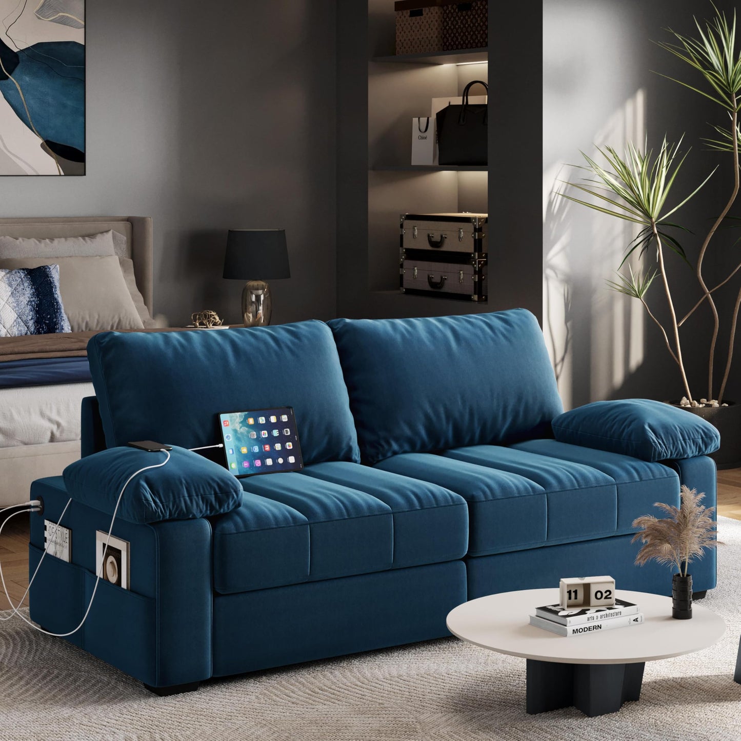 Yaheetech 79" Sofa Couch Modern Velvet Couch with Removable Covers & USB Ports Oversized Loveseat Sofas with Storage Pockets for Living Room Bedroom Apartment Blue