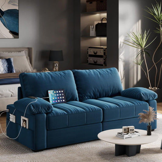 Yaheetech 79" Sofa Couch Modern Velvet Couch with Removable Covers & USB Ports Oversized Loveseat Sofas with Storage Pockets for Living Room Bedroom Apartment Blue