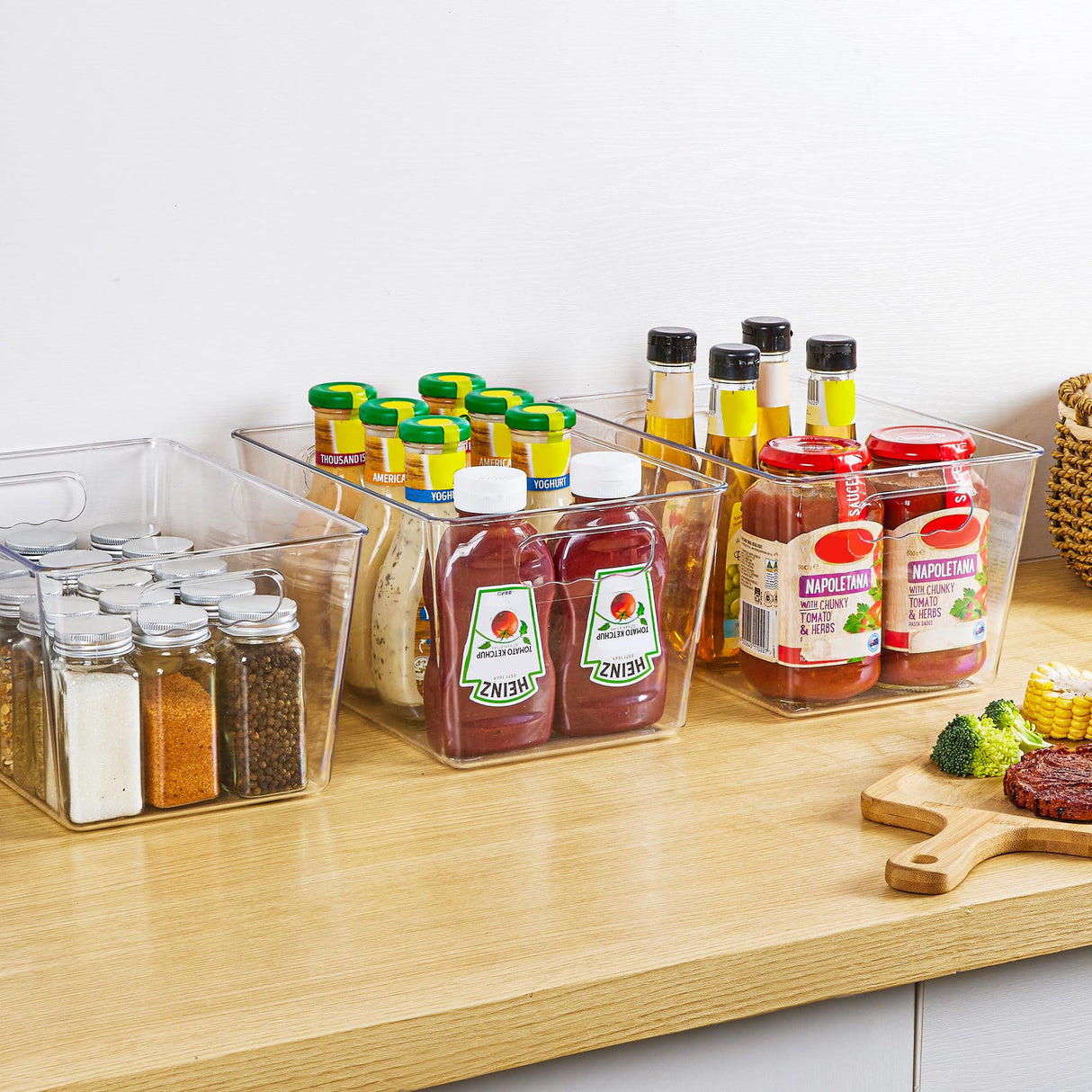 YIHONG 6 Pack Clear Pantry Organizer Bins, Plastic Containers with Handle for Kitchen,Freezer,Cabinet,Closet,Bathroom Under Sink Storage YIHONG