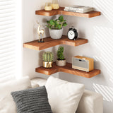 Fixwal Corner Floating Shelves for Wall Mounted Natural Solid Wood 16"x11.4" Farmhouse Home Decor Display Shelving Set of 3 (Rustic Brown) Fixwal