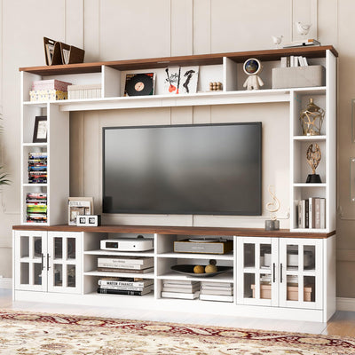 Tdewlye 95.5" W Wall Unit TV Stand Media Console with Bookshelves for TVs up to 80", Entertainment Center with Cabinets, Tempered Glass Doors and Adjustable Shelves,for Living Room (White@W)