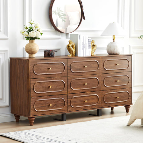 ORRD 9 Drawer Fluted Dresser for Bedroom, Mid Century Modern Chest of Drawers, Wood Storage Small Dresser Organizer for Bedroom Living Room Hallway Closet, Walnut ORRD