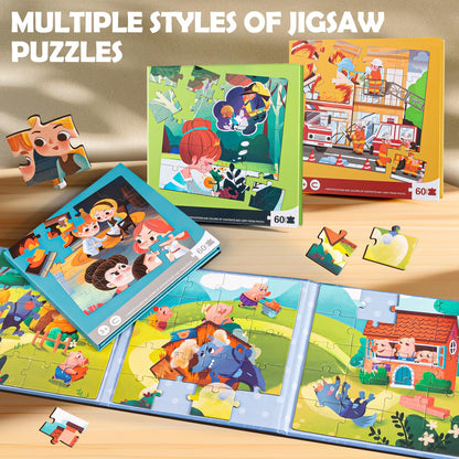 Magnetic Jigsaw Puzzles for Kids Ages 3-5 4-8,60 Pieces with Tri-Fold Magnetic Combination Book，Educational Toys Including Magnetic Plates, Gift for Toddlers Boys Girls (Firefighting Theme)