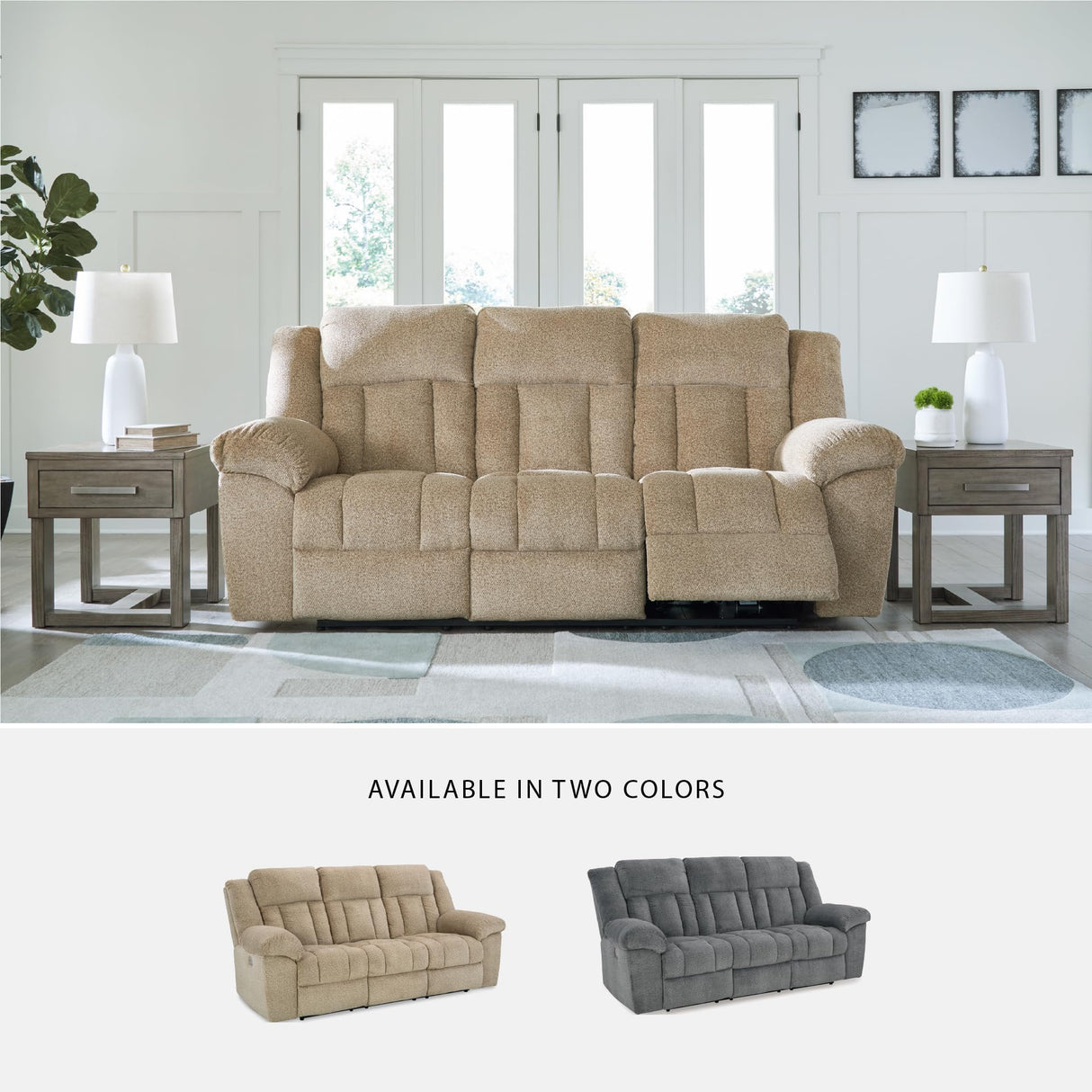 Signature Design by Ashley Tip-Off Classic Wall Hugger Power Reclining Sofa with Adjustable Headrest and USB Ports, Light Brown Signature Design by Ashley