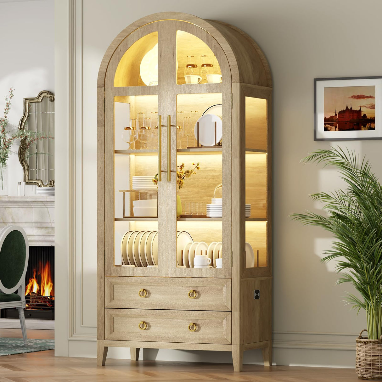 Vlsrka 71" Arched Curio Cabinet with Glass Doors, 4-Shelves Display Cabinet and 2 Drawers, Display Case with 3 Color Lights, Tall Bookcase, Kitchen Pantry, Wood Color Vlsrka