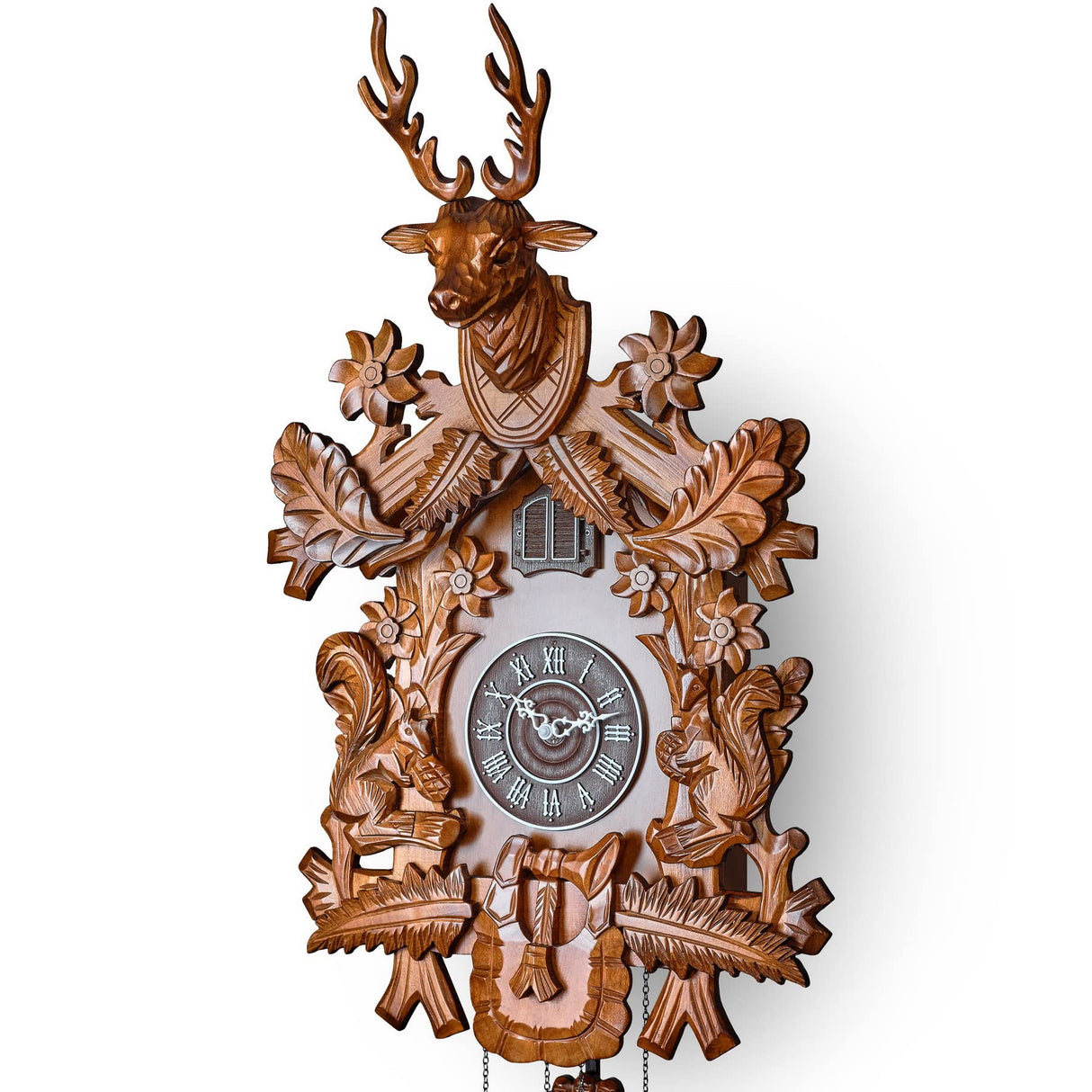 TIMEGEAR Cuckoo Clock with Automatic Night Mode, Hand Carved Deer Head and Wooden Decorations (Brown) TIMEGEAR