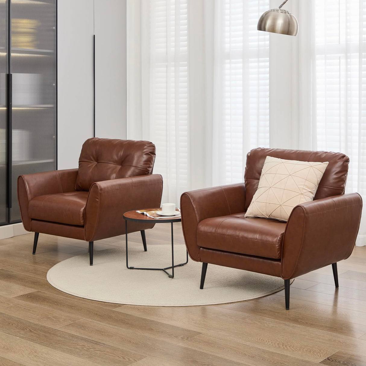 TYBOATLE Accent Chairs Set of 2, Comfy Modern Living Room Brown Leather Reading Accent Chairs Tufted Mid Century Arm Chair Small Salon Chair for Office Bedroom (2, Brown) TYBOATLE